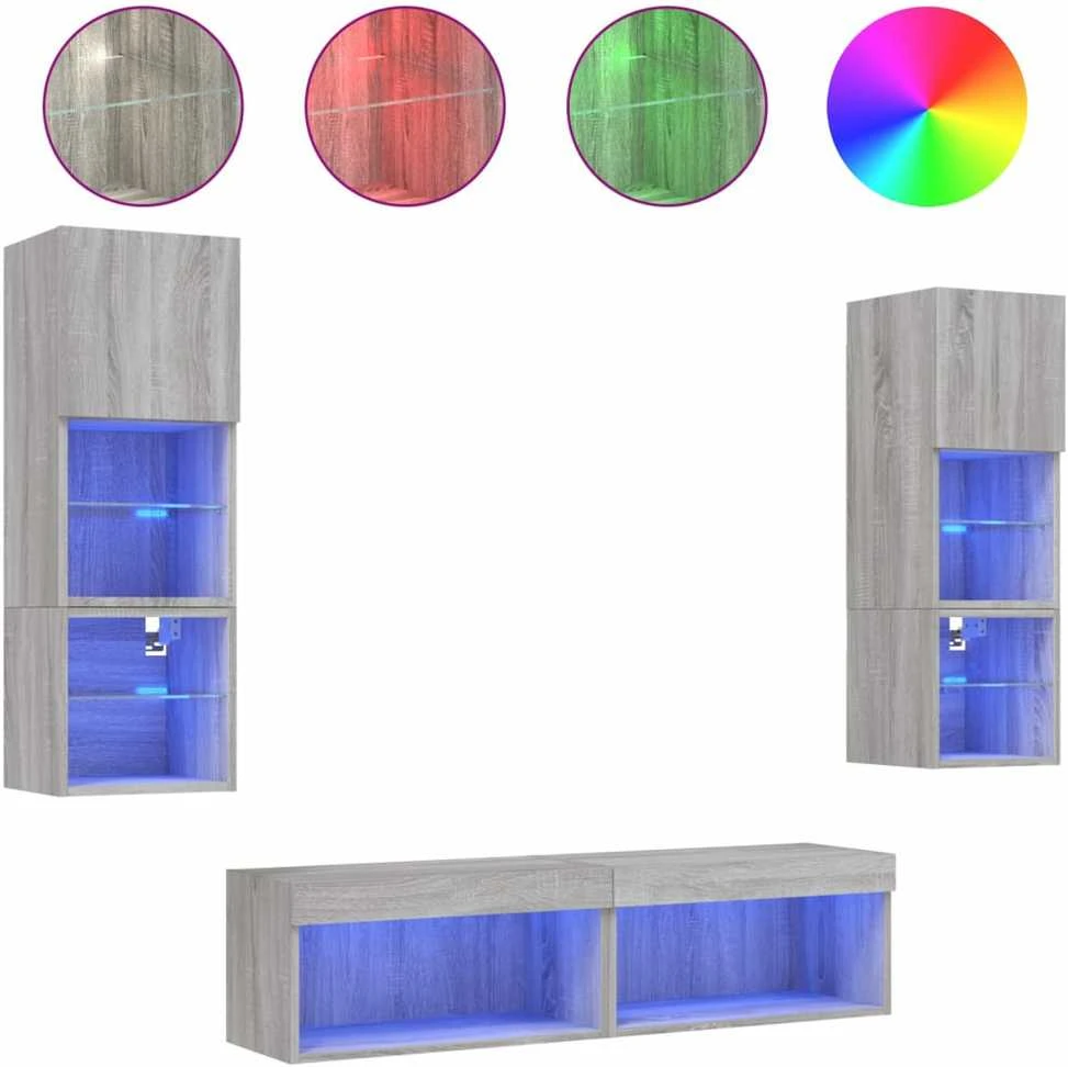 TV staliukas Sieninė TV sekcija su LED, 6 dalių, pilka ąžuolo, mediena