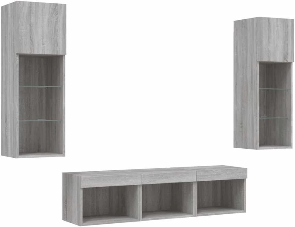TV staliukas Sieninė TV sekcija su LED, 5 dalių, pilka ąžuolo, mediena