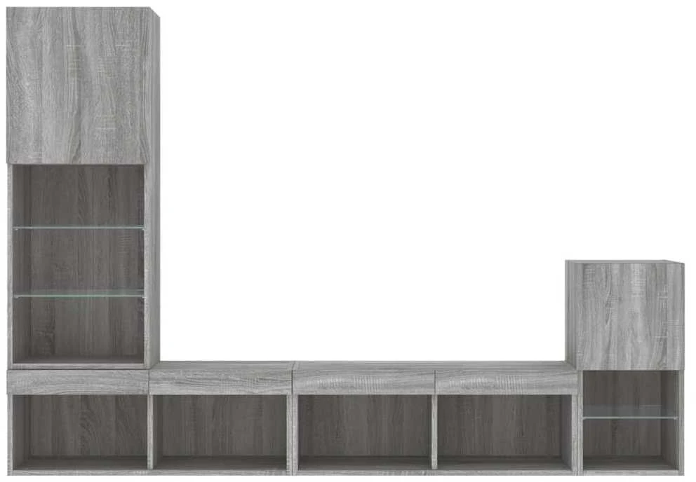 TV staliukas Sieninė TV sekcija su LED, 4 dalių, pilka ąžuolo, mediena