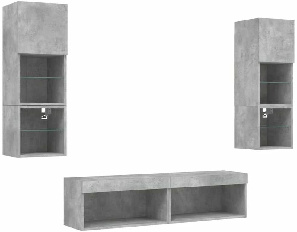 TV staliukas Sieninė TV sekcija su LED, 6 dalių, betono, apdirbta mediena