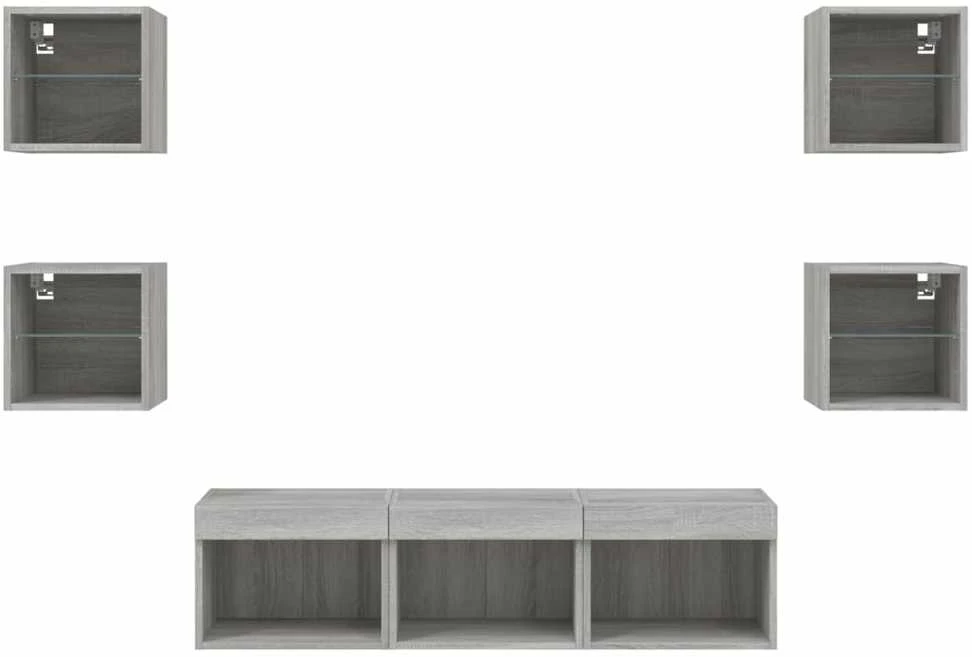 TV staliukas Sieninė TV sekcija su LED, 7 dalių, pilka ąžuolo, mediena