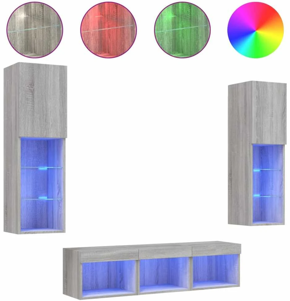 TV staliukas Sieninė TV sekcija su LED, 5 dalių, pilka ąžuolo, mediena