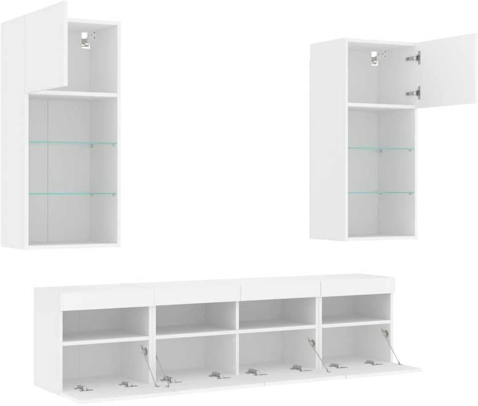 TV staliukas Sieninė TV sekcija su LED, 5 dalių, balta, apdirbta mediena