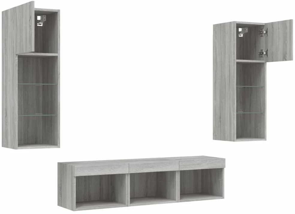 TV staliukas Sieninė TV sekcija su LED, 5 dalių, pilka ąžuolo, mediena
