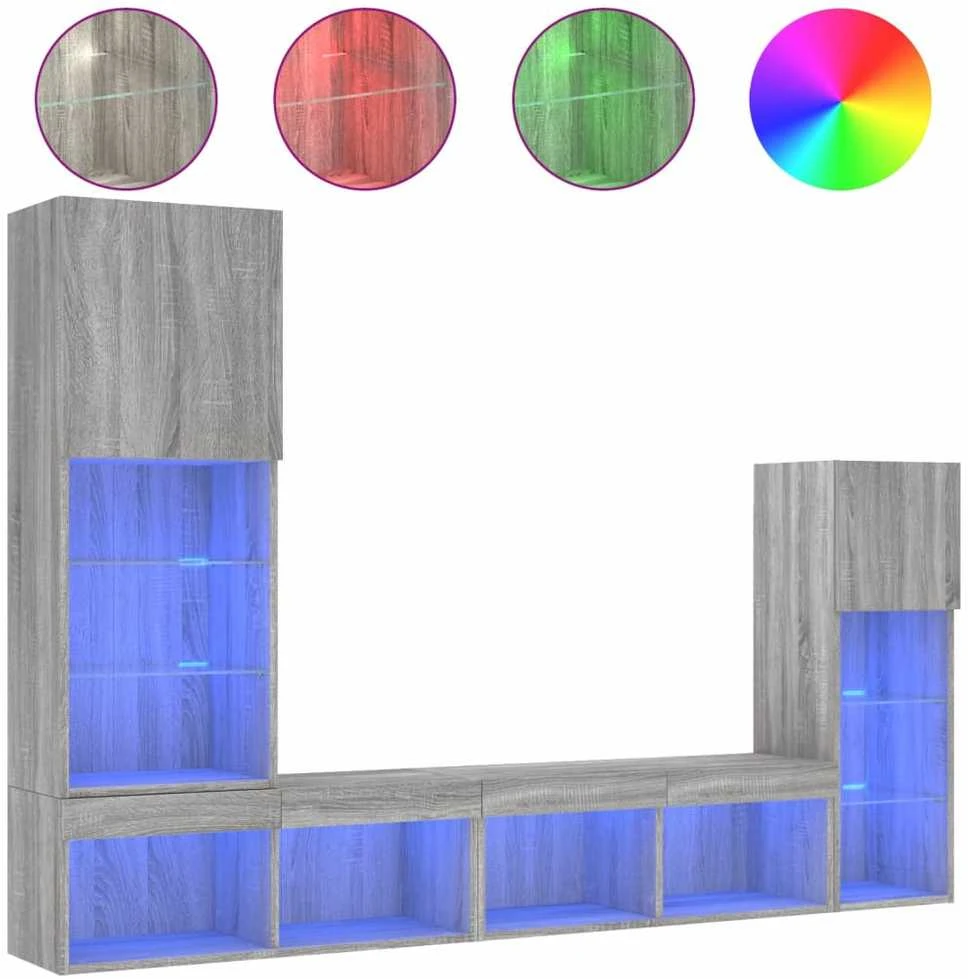 TV staliukas Sieninė TV sekcija su LED, 4 dalių, pilka ąžuolo, mediena