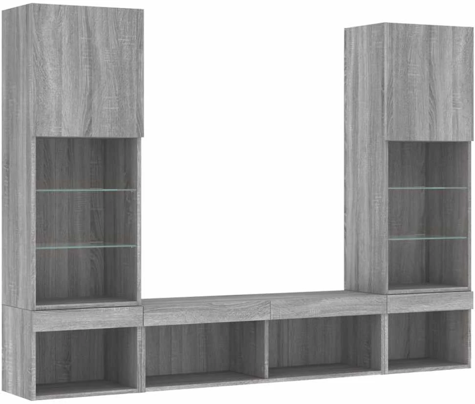 TV staliukas Sieninė TV sekcija su LED, 5 dalių, pilka ąžuolo, mediena