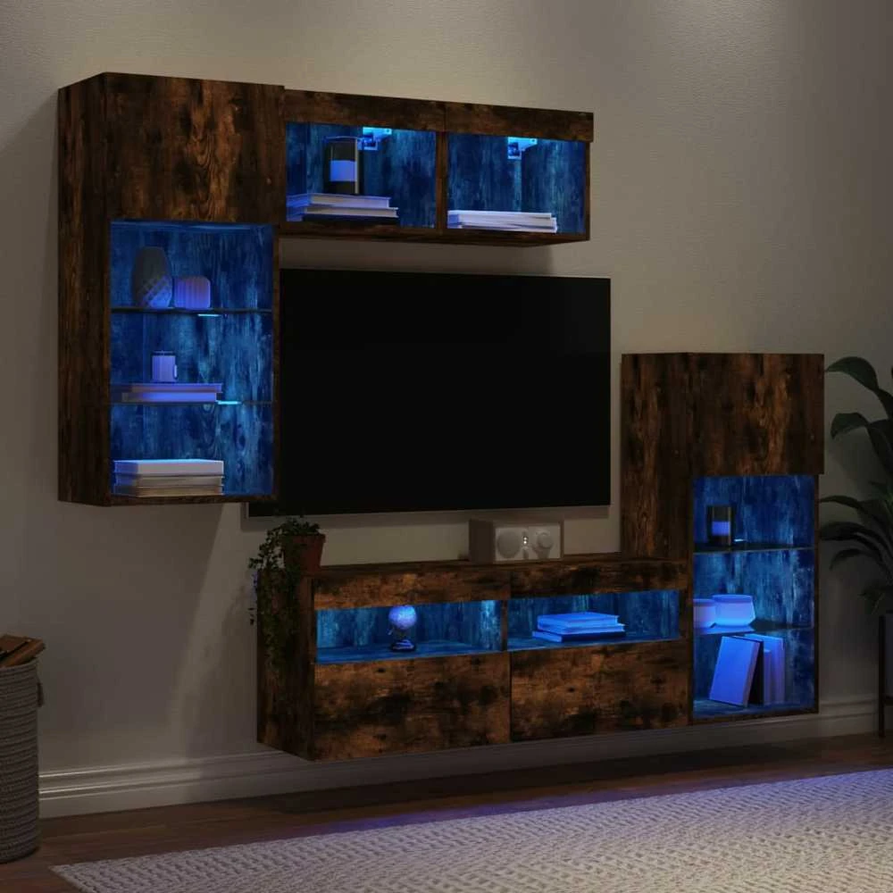 TV staliukas Sieninė TV sekcija su LED, 5 dalių, dūminio ąžuolo, mediena