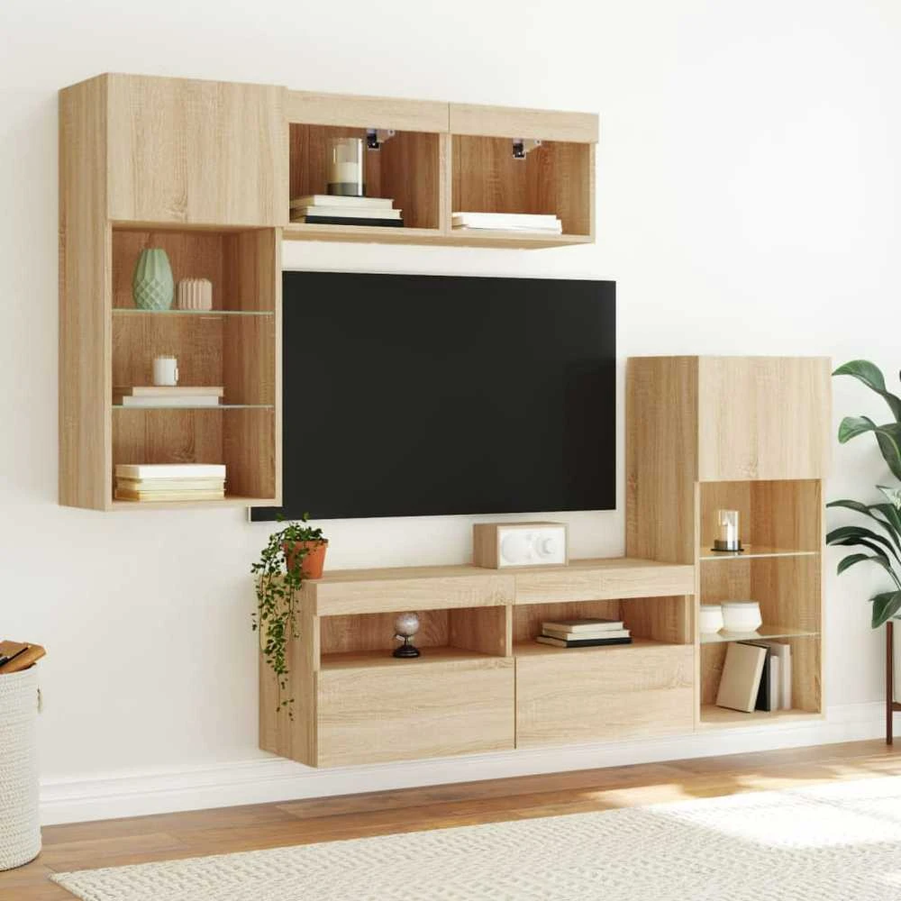 TV staliukas Sieninė TV sekcija su LED, 5 dalių, ąžuolo, apdirbta mediena