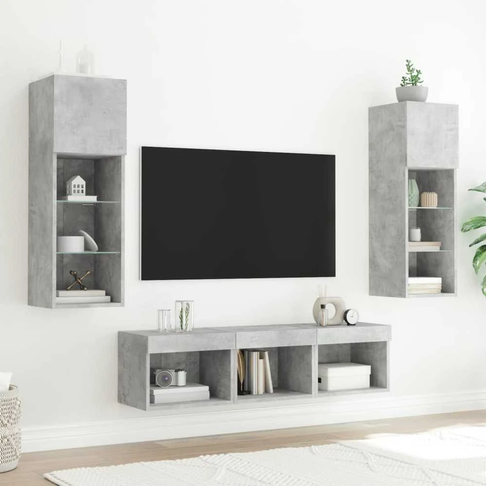 TV staliukas Sieninė TV sekcija su LED, 5 dalių, betono, apdirbta mediena