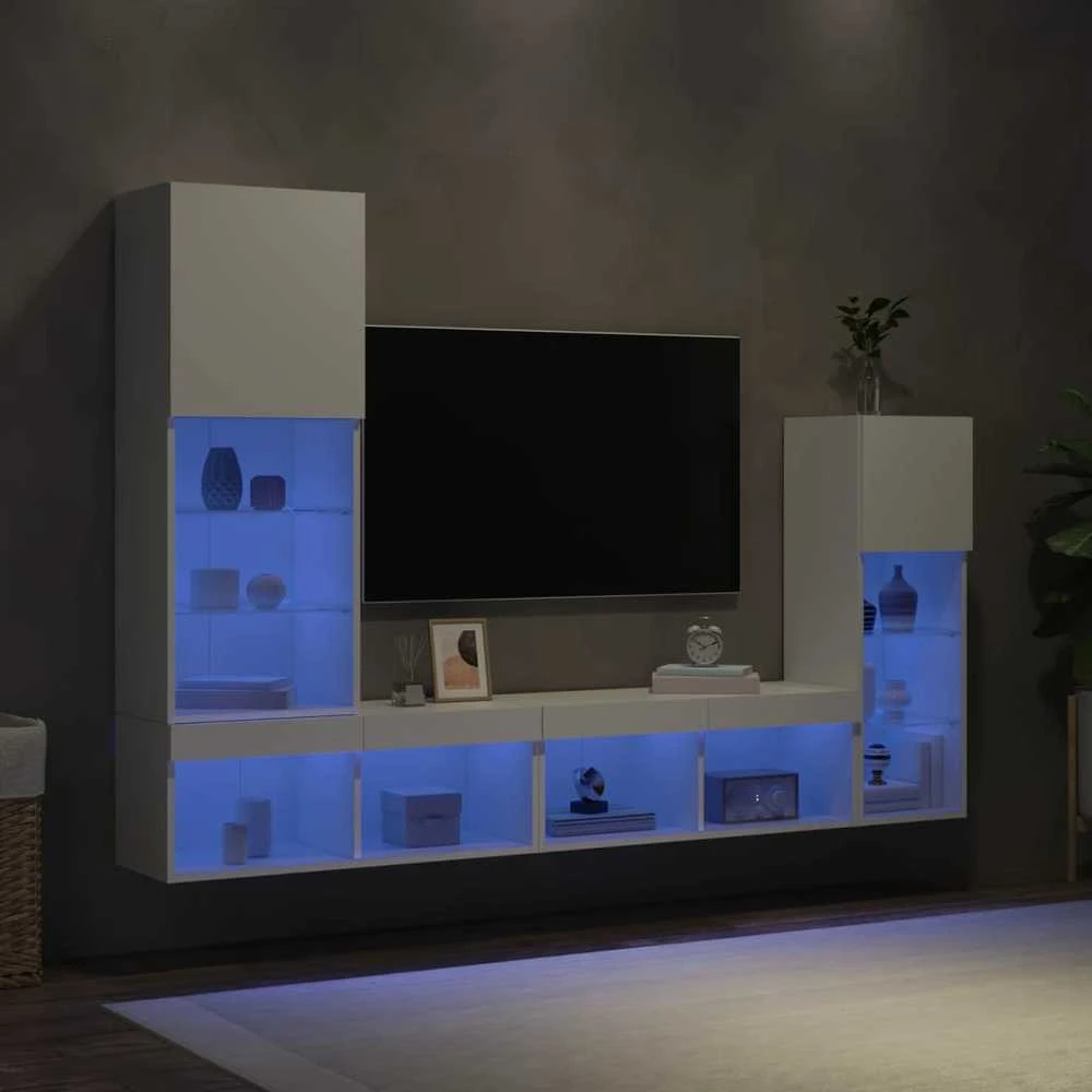 TV staliukas Sieninė TV sekcija su LED, 4 dalių, balta, apdirbta mediena