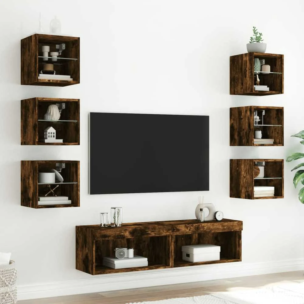 TV staliukas Sieninė TV sekcija su LED, 8 dalių, dūminio ąžuolo, mediena