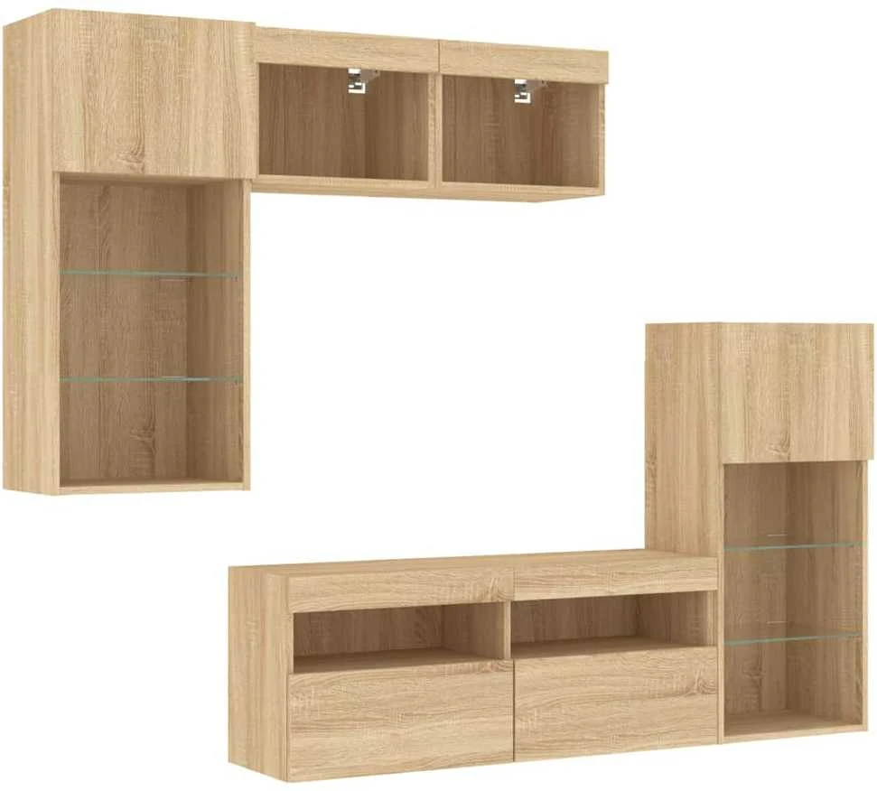 TV staliukas Sieninė TV sekcija su LED, 5 dalių, ąžuolo, apdirbta mediena