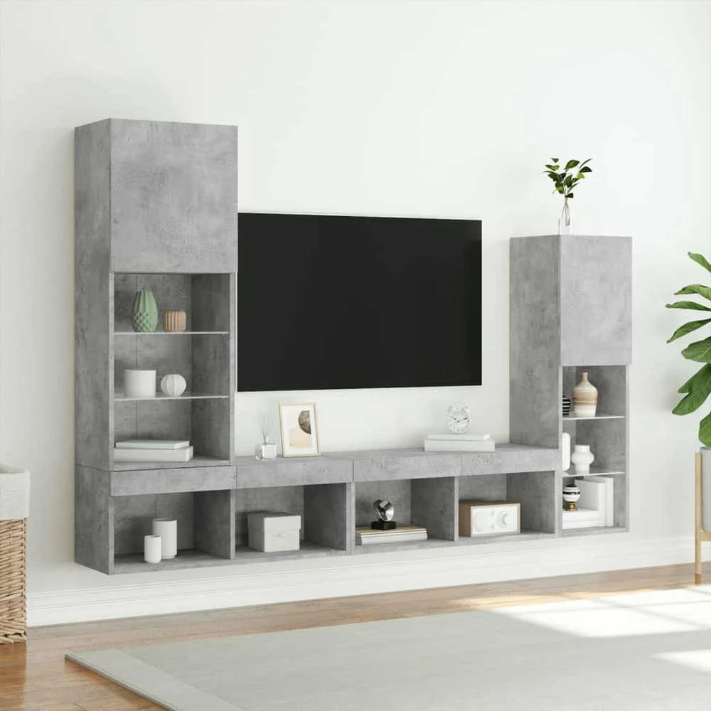 TV staliukas Sieninė TV sekcija su LED, 4 dalių, betono, apdirbta mediena