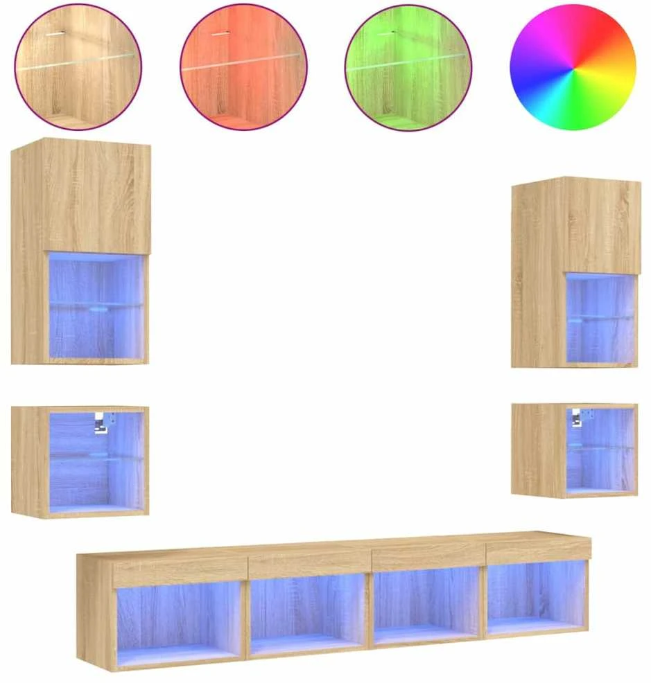 TV staliukas Sieninė TV sekcija su LED, 8 dalių, ąžuolo, apdirbta mediena