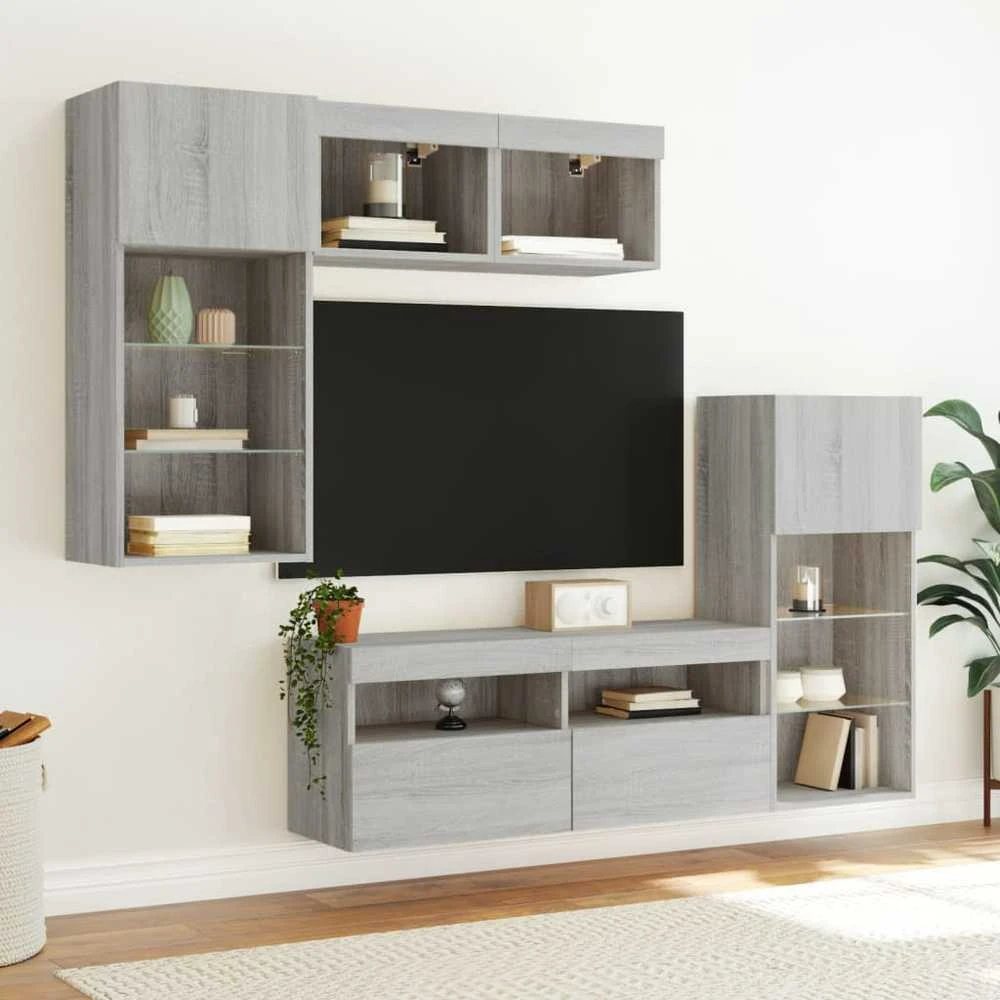 TV staliukas Sieninė TV sekcija su LED, 5 dalių, pilka ąžuolo, mediena