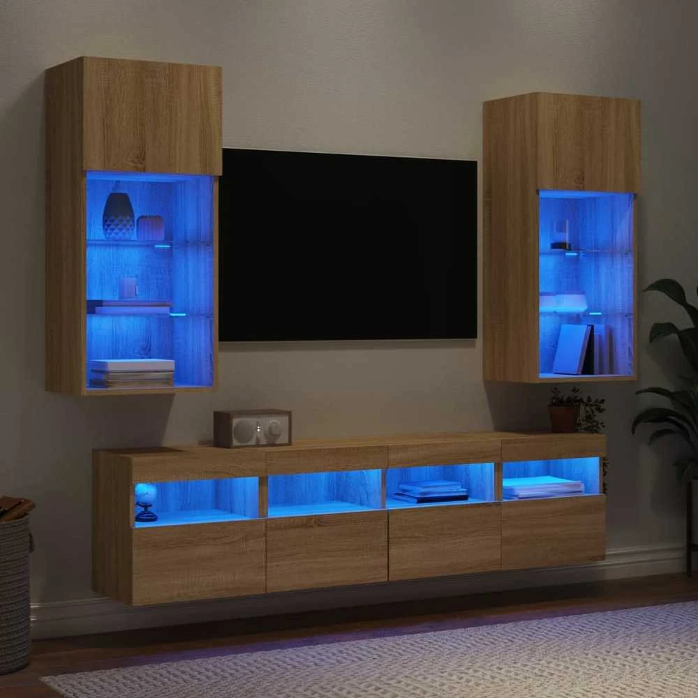 TV staliukas Sieninė TV sekcija su LED, 5 dalių, ąžuolo, apdirbta mediena