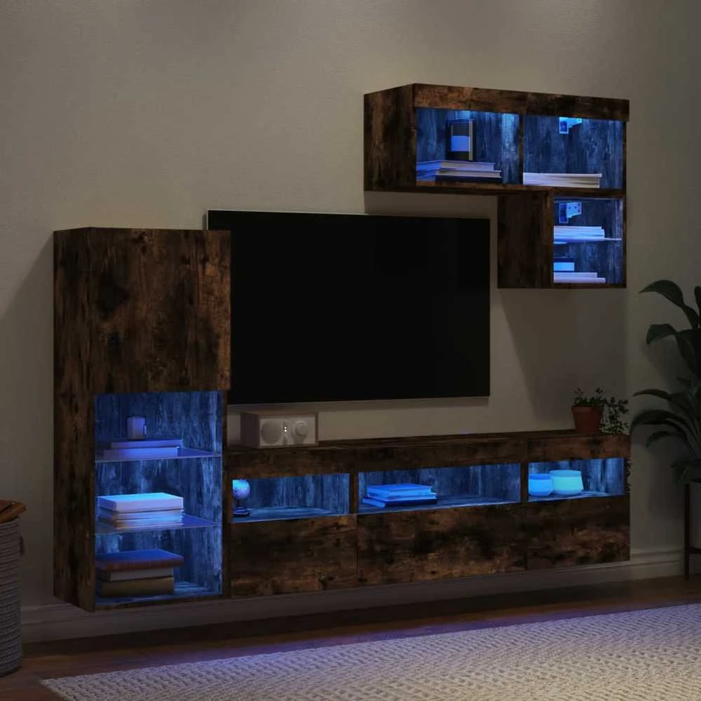 TV staliukas Sieninė TV sekcija su LED, 6 dalių, dūminio ąžuolo, mediena