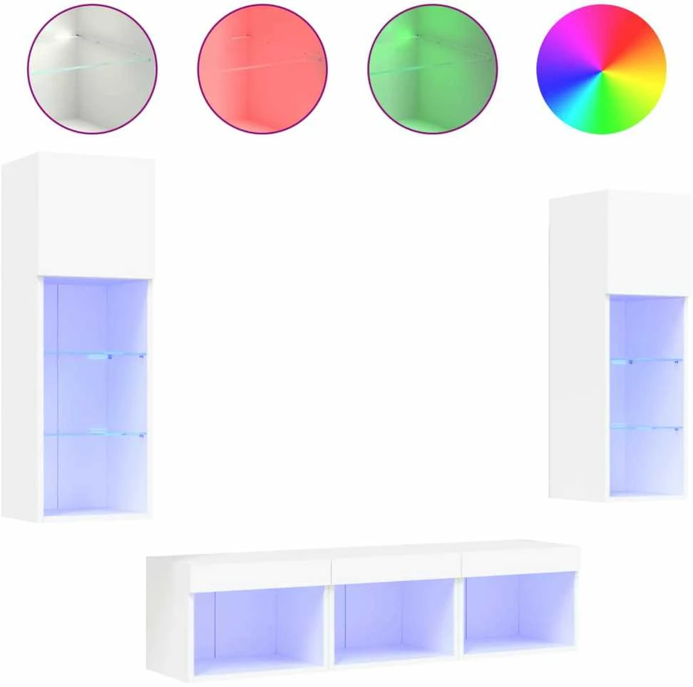 TV staliukas Sieninė TV sekcija su LED, 5 dalių, balta, apdirbta mediena