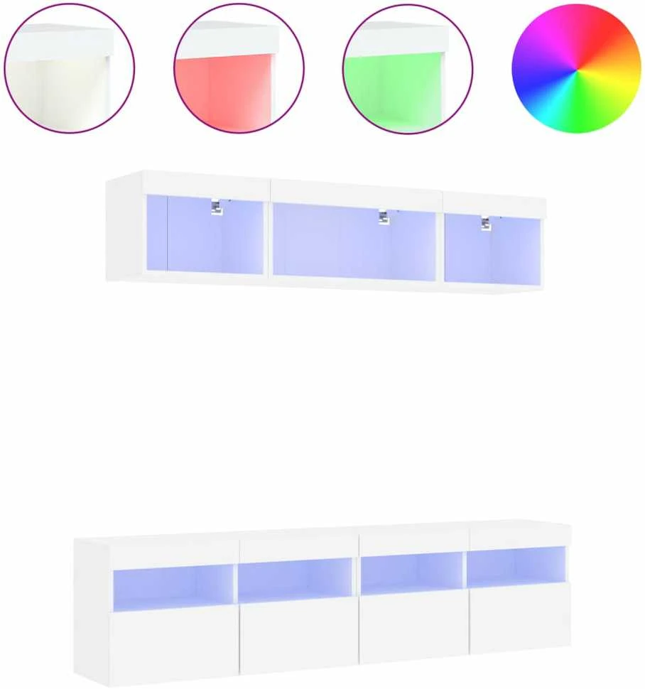 TV staliukas Sieninė TV sekcija su LED, 5 dalių, balta, apdirbta mediena