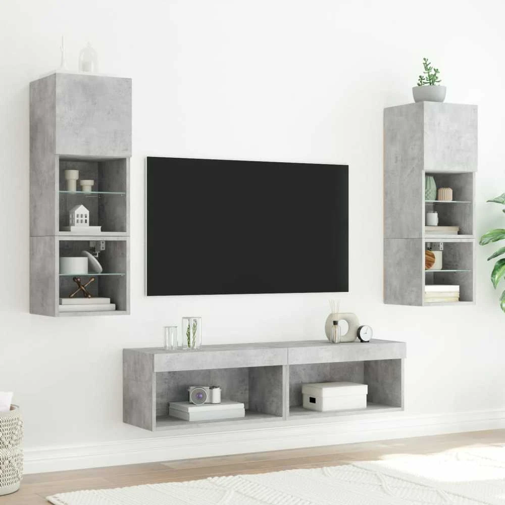 TV staliukas Sieninė TV sekcija su LED, 6 dalių, betono, apdirbta mediena