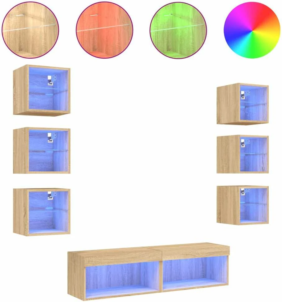TV staliukas Sieninė TV sekcija su LED, 8 dalių, ąžuolo, apdirbta mediena