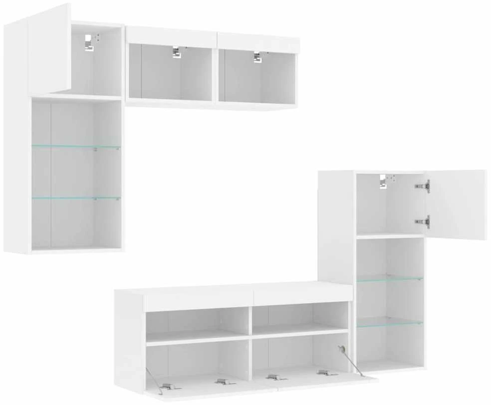 TV staliukas Sieninė TV sekcija su LED, 5 dalių, balta, apdirbta mediena