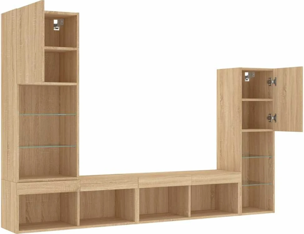 TV staliukas Sieninė TV sekcija su LED, 4 dalių, ąžuolo, apdirbta mediena
