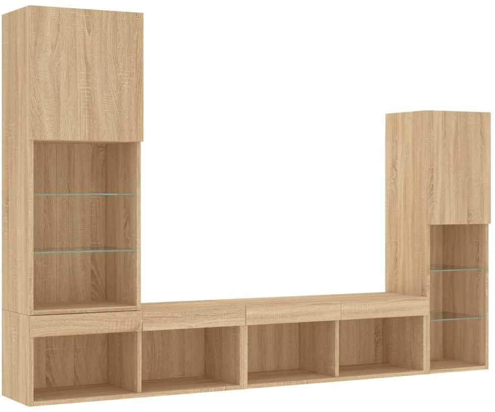 TV staliukas Sieninė TV sekcija su LED, 4 dalių, ąžuolo, apdirbta mediena