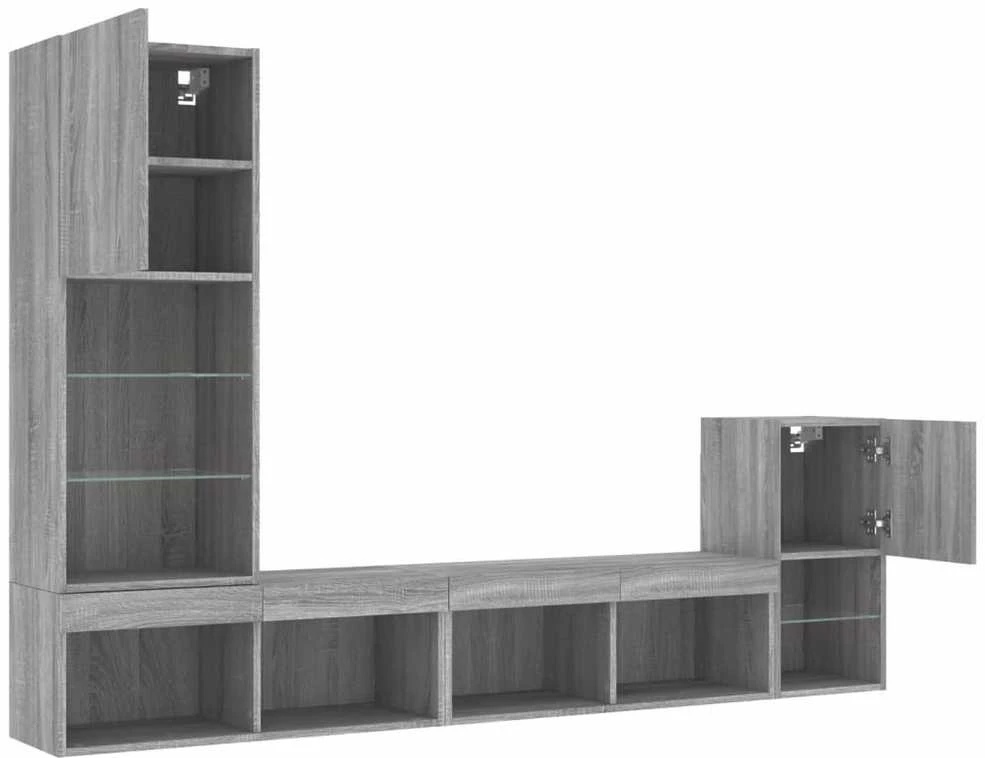 TV staliukas Sieninė TV sekcija su LED, 4 dalių, pilka ąžuolo, mediena