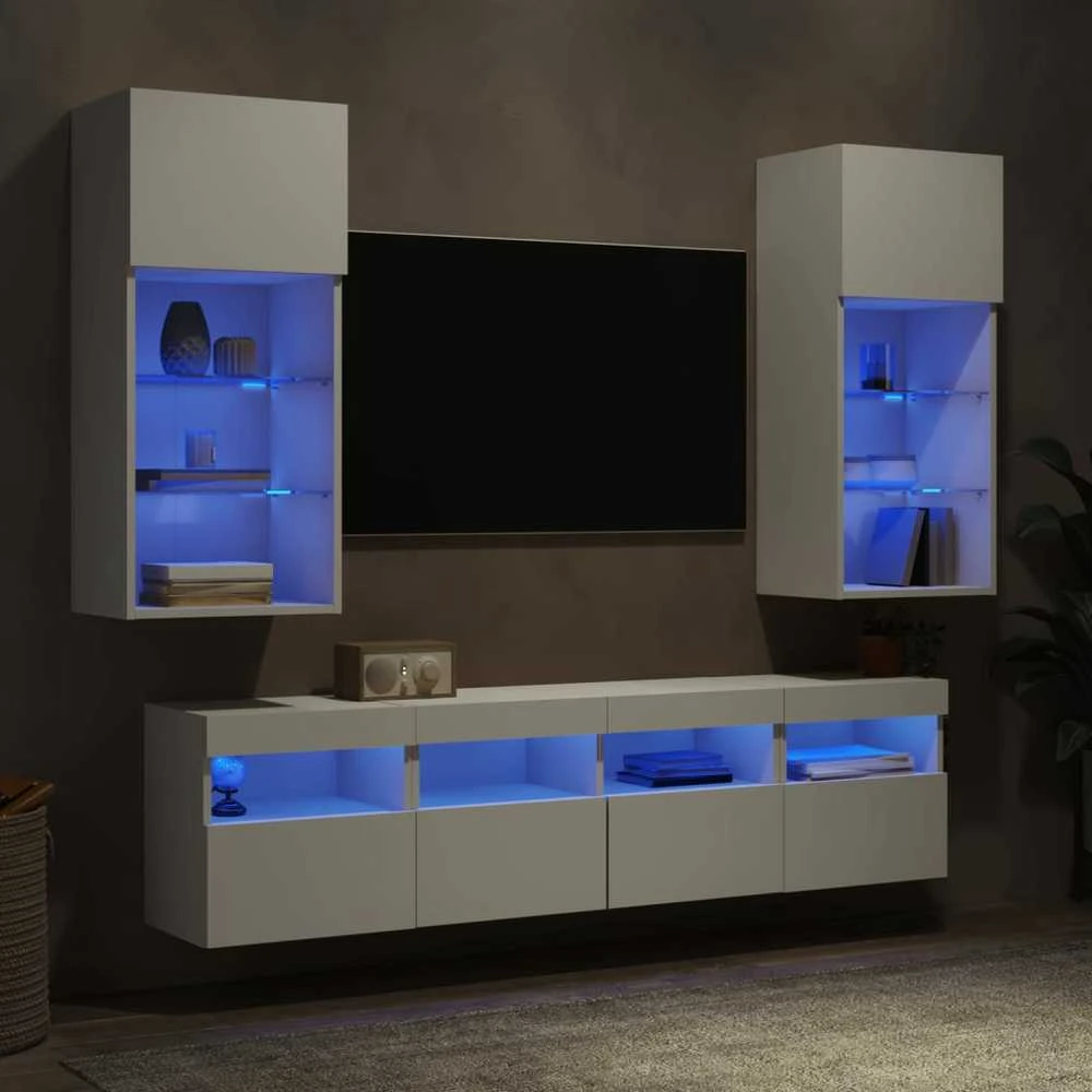 TV staliukas Sieninė TV sekcija su LED, 5 dalių, balta, apdirbta mediena
