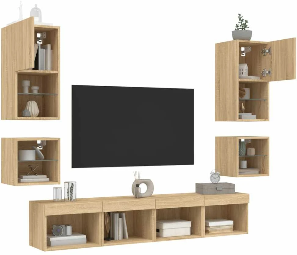 TV staliukas Sieninė TV sekcija su LED, 8 dalių, ąžuolo, apdirbta mediena