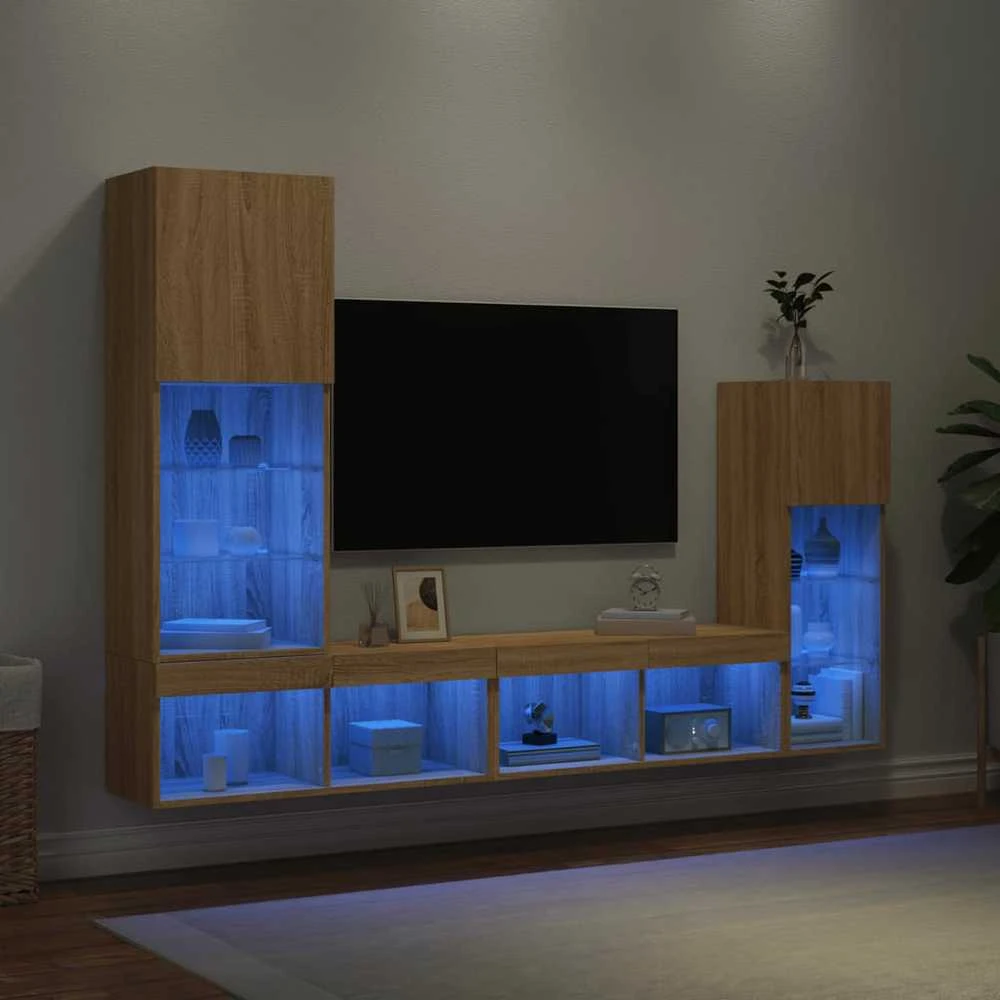 TV staliukas Sieninė TV sekcija su LED, 4 dalių, ąžuolo, apdirbta mediena