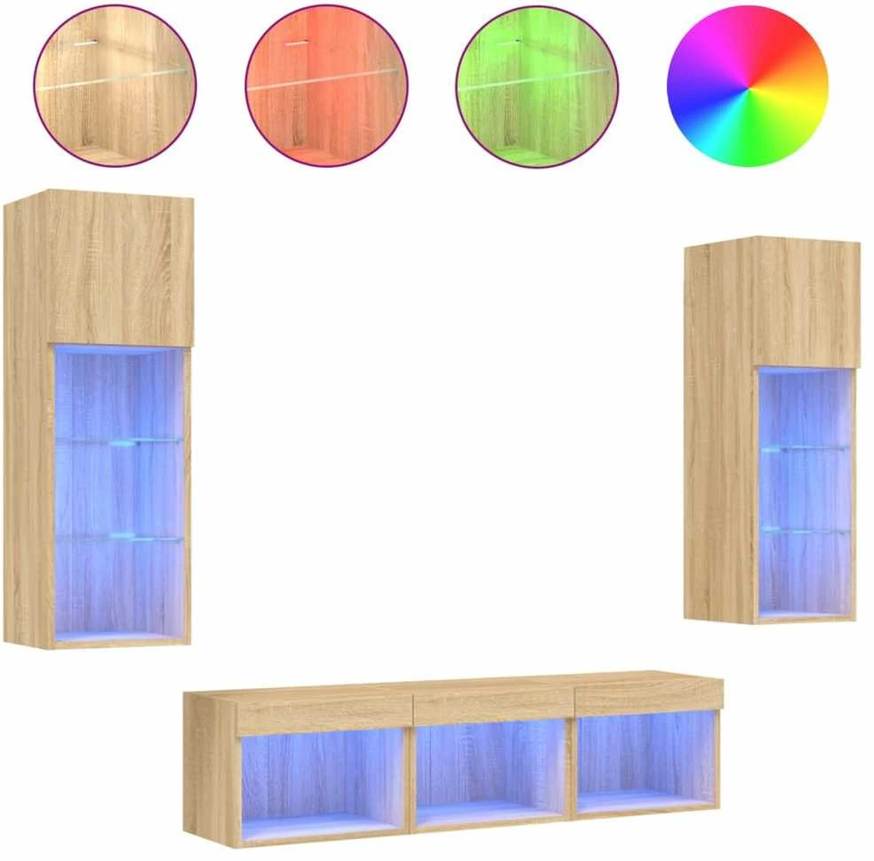 TV staliukas Sieninė TV sekcija su LED, 5 dalių, ąžuolo, apdirbta mediena