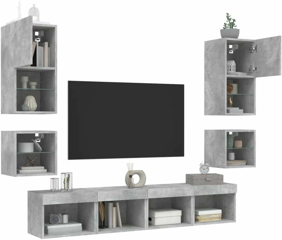 TV staliukas Sieninė TV sekcija su LED, 8 dalių, betono, apdirbta mediena