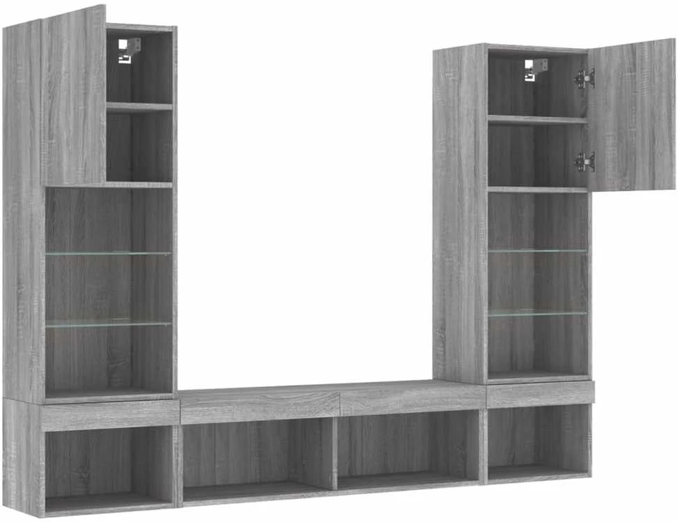 TV staliukas Sieninė TV sekcija su LED, 5 dalių, pilka ąžuolo, mediena