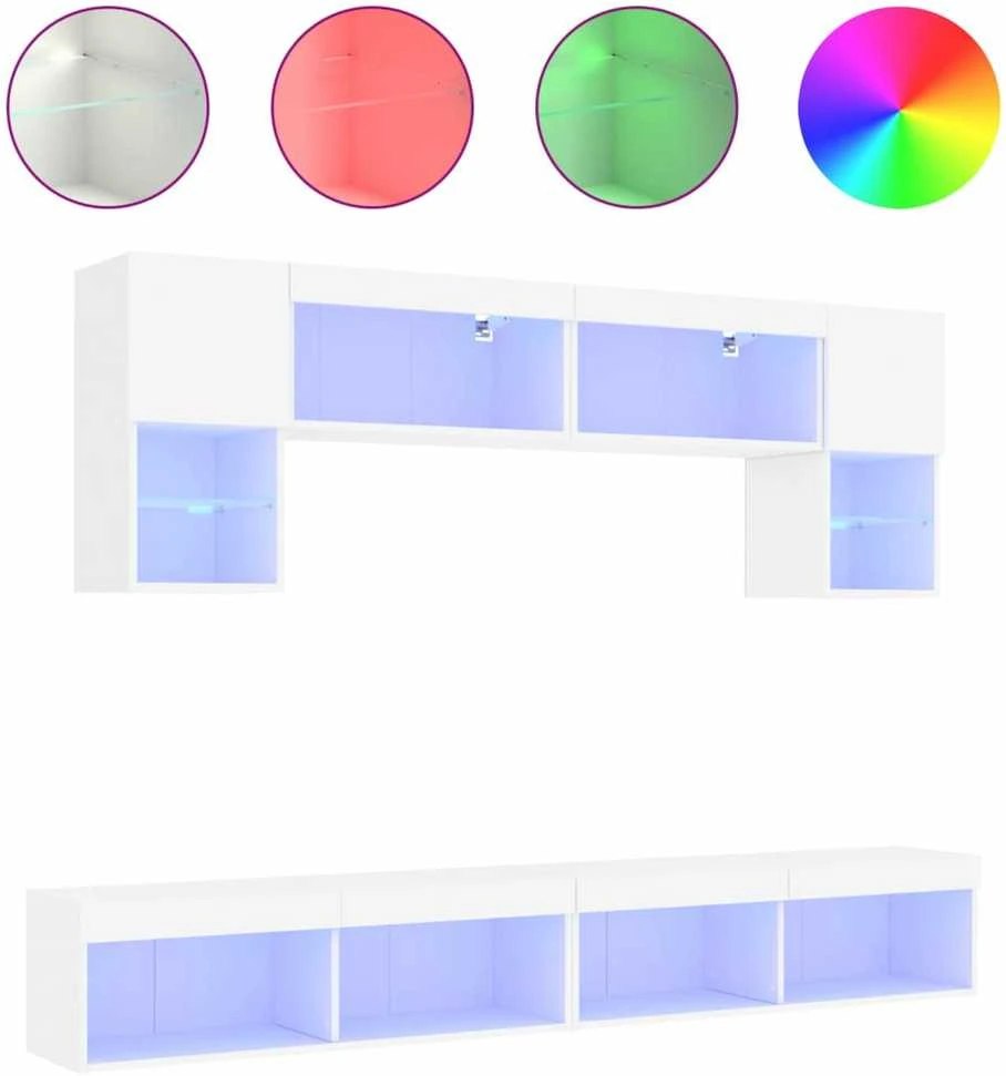 TV staliukas Sieninė TV sekcija su LED, 6 dalių, balta, apdirbta mediena