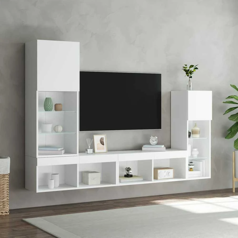 TV staliukas Sieninė TV sekcija su LED, 4 dalių, balta, apdirbta mediena