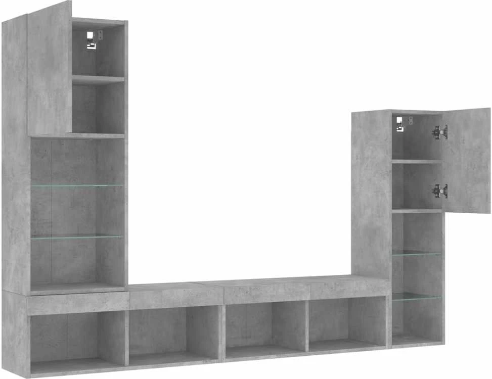TV staliukas Sieninė TV sekcija su LED, 4 dalių, betono, apdirbta mediena
