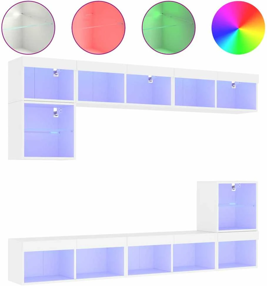 TV staliukas Sieninė TV sekcija su LED, 8 dalių, balta, apdirbta mediena
