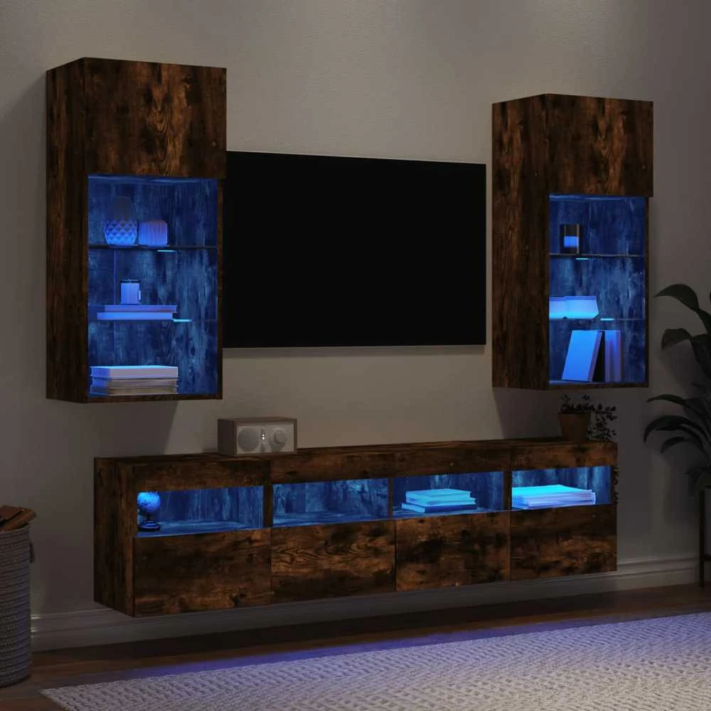 TV staliukas Sieninė TV sekcija su LED, 5 dalių, dūminio ąžuolo, mediena