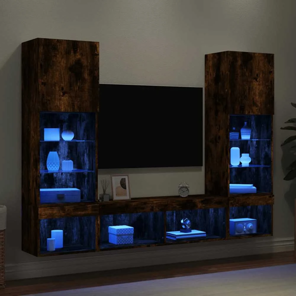 TV staliukas Sieninė TV sekcija su LED, 5 dalių, dūminio ąžuolo, mediena