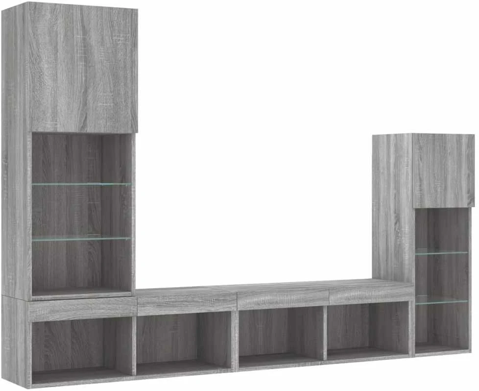 TV staliukas Sieninė TV sekcija su LED, 4 dalių, pilka ąžuolo, mediena