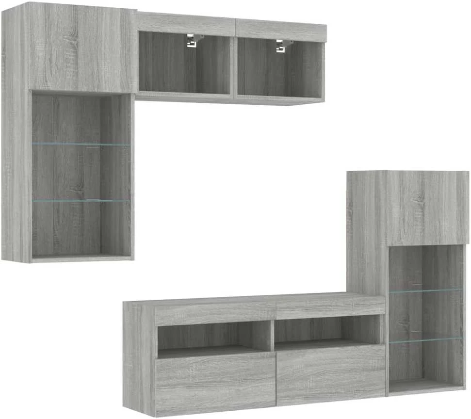 TV staliukas Sieninė TV sekcija su LED, 5 dalių, pilka ąžuolo, mediena
