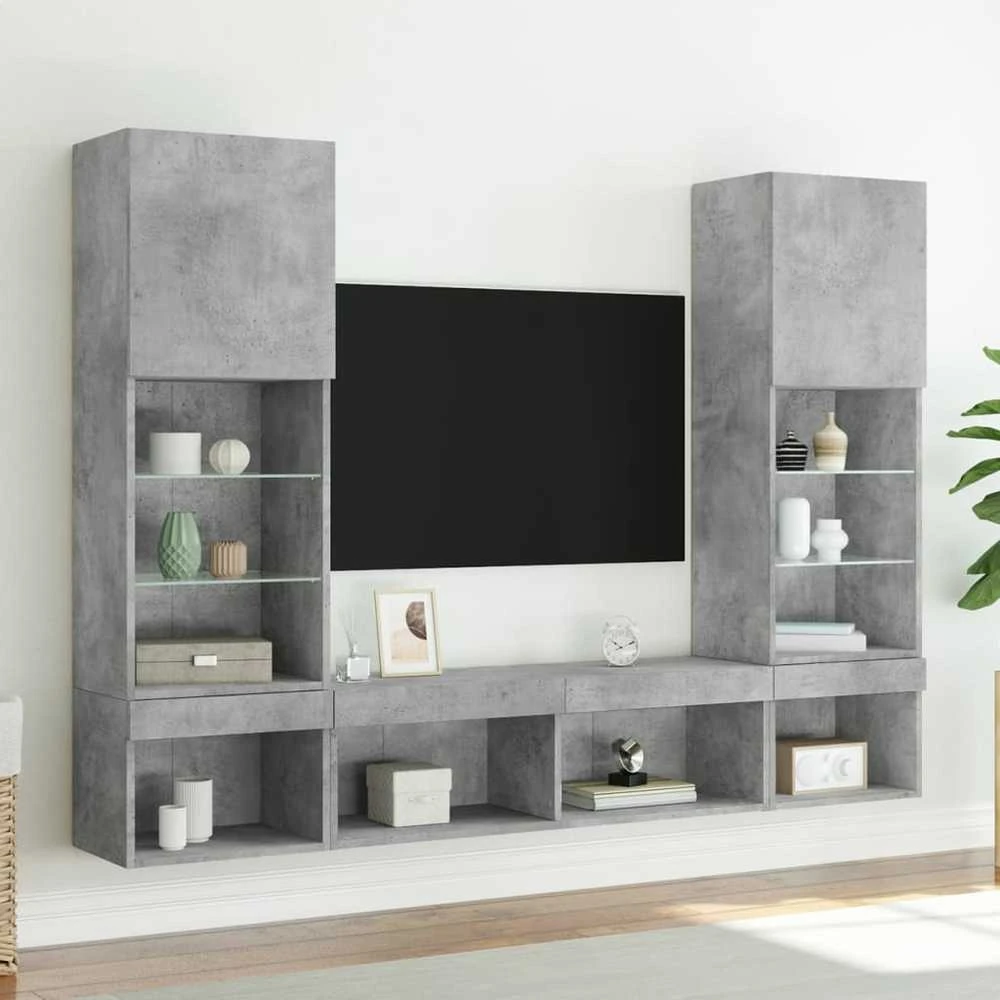 TV staliukas Sieninė TV sekcija su LED, 5 dalių, betono, apdirbta mediena