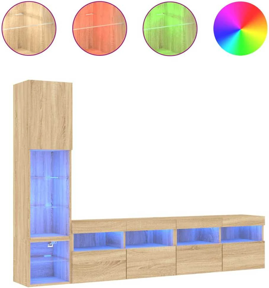TV staliukas Sieninė TV sekcija su LED, 4 dalių, ąžuolo, apdirbta mediena