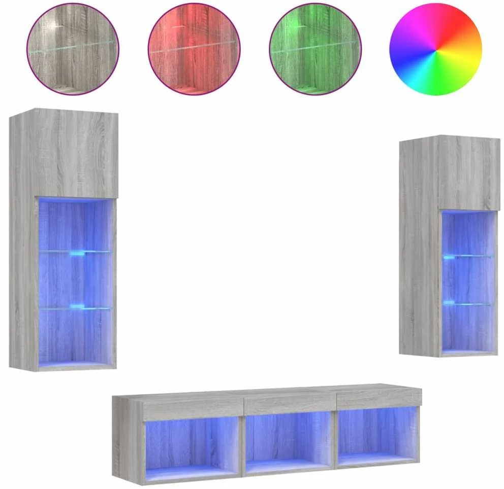 TV staliukas Sieninė TV sekcija su LED, 5 dalių, pilka ąžuolo, mediena