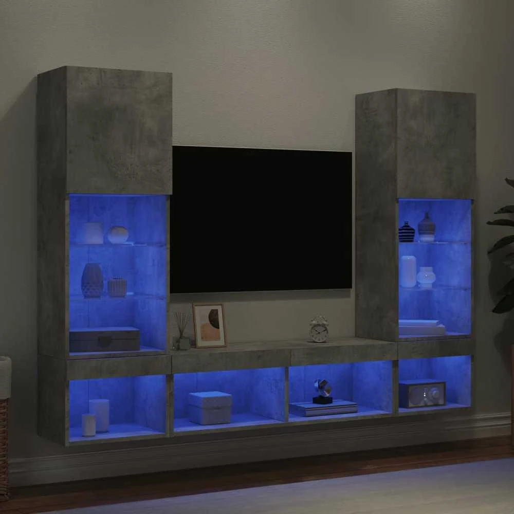TV staliukas Sieninė TV sekcija su LED, 5 dalių, betono, apdirbta mediena