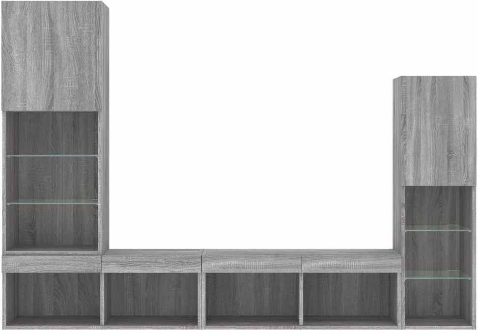 TV staliukas Sieninė TV sekcija su LED, 4 dalių, pilka ąžuolo, mediena