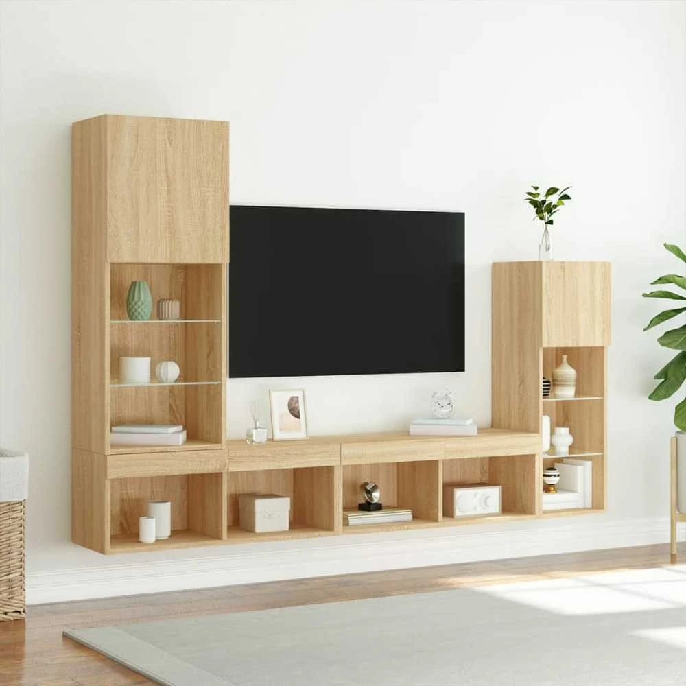 TV staliukas Sieninė TV sekcija su LED, 4 dalių, ąžuolo, apdirbta mediena