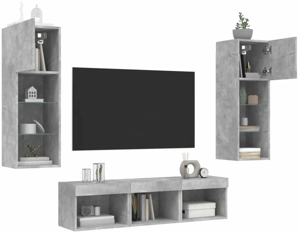 TV staliukas Sieninė TV sekcija su LED, 5 dalių, betono, apdirbta mediena